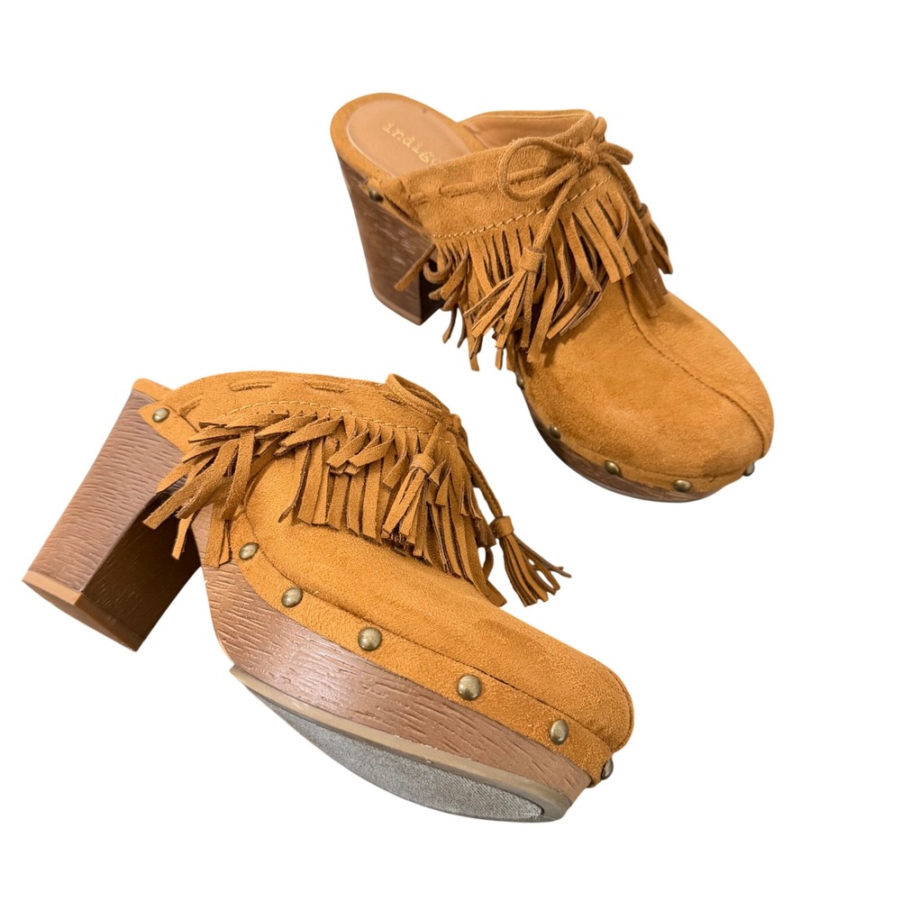 Indigo Rd Suede Fringe Clog Mule Heels Tan 7 Western Cowgirl Boho Studded Rodeo